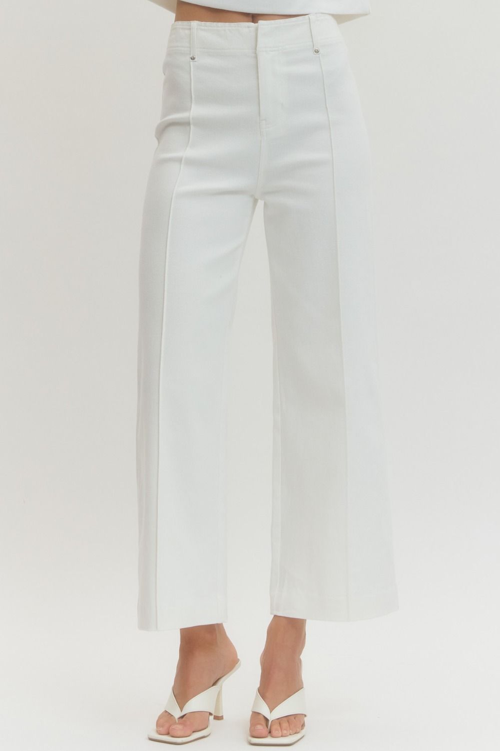 White HW Wide Leg Front Seam Pants with front seams; available in sizes XS-XL.