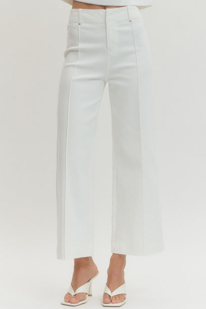 White HW Wide Leg Front Seam Pants with front seams; available in sizes XS-XL.