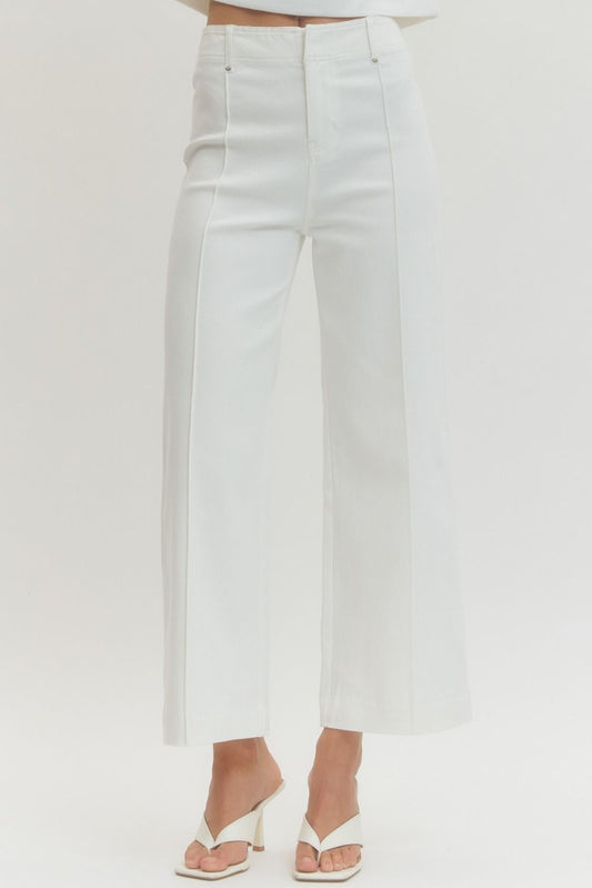 White HW Wide Leg Front Seam Pants with front seams; available in sizes XS-XL.
