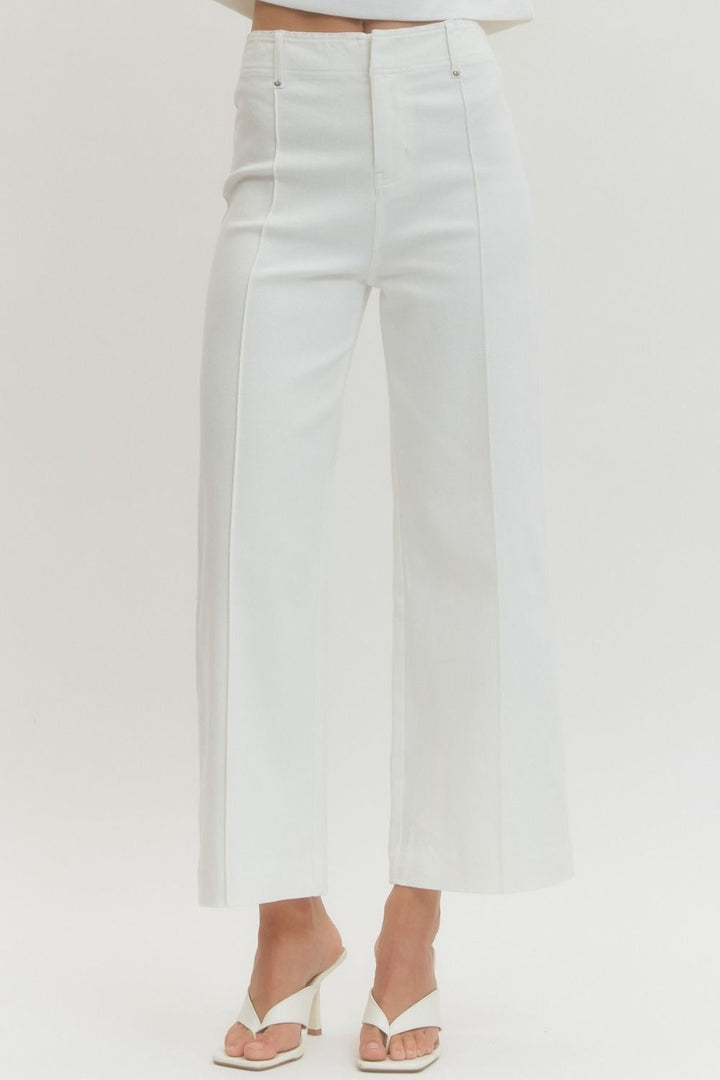 White HW Wide Leg Front Seam Pants with front seams; available in sizes XS-XL.