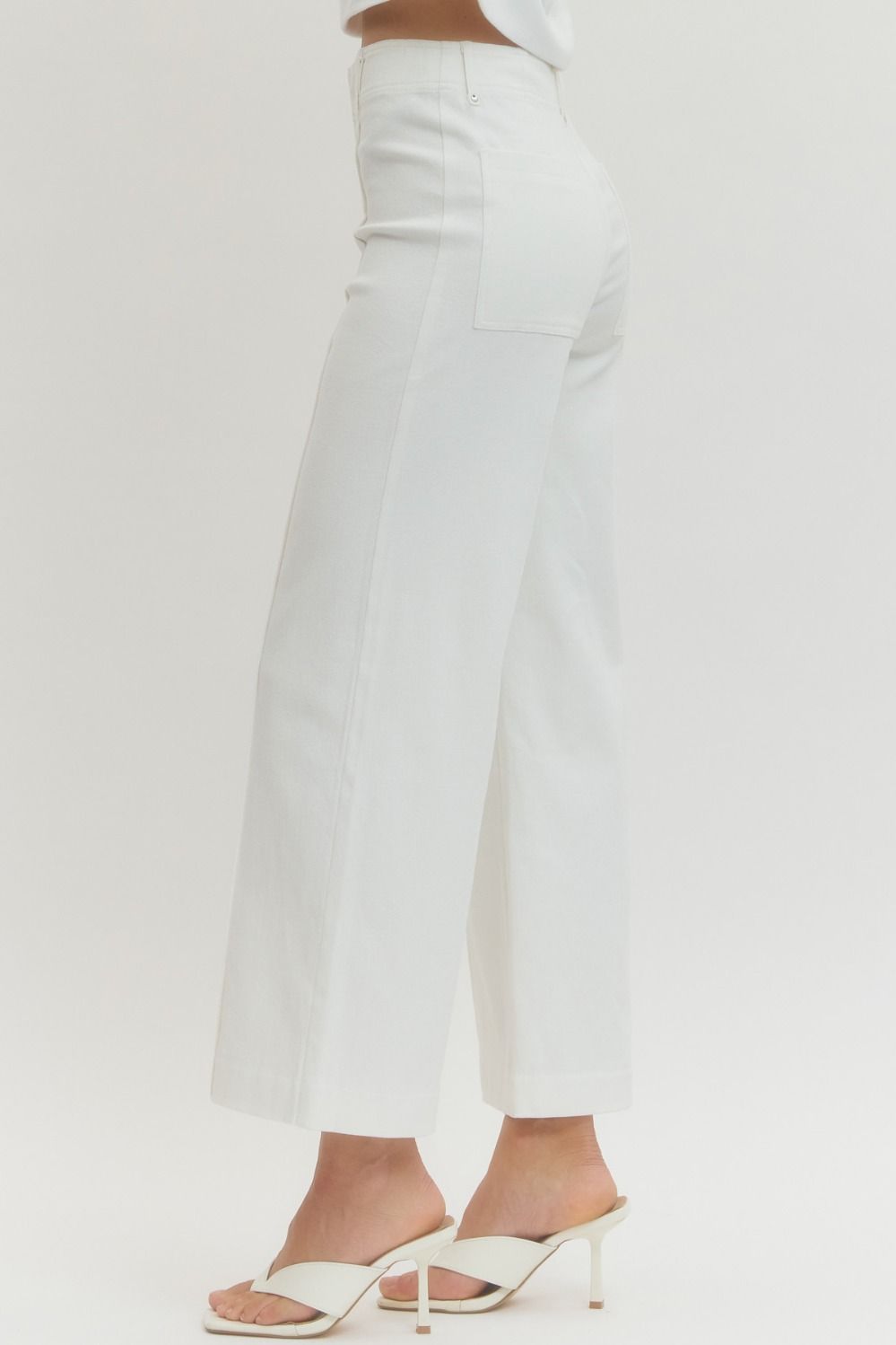 White HW Wide Leg Front Seam Pants shown; available in sizes XS-XL. Features wide legs and front seam detail.