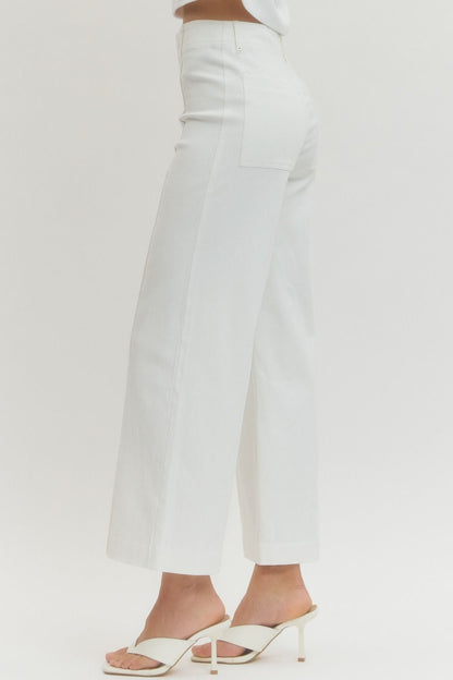 White HW Wide Leg Front Seam Pants shown; available in sizes XS-XL. Features wide legs and front seam detail.