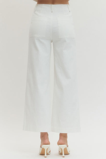 White HW Wide Leg Front Seam Pants with two large back pockets. Available in sizes XS–XL.