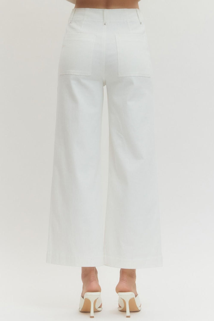 White HW Wide Leg Front Seam Pants with two large back pockets. Available in sizes XS–XL.