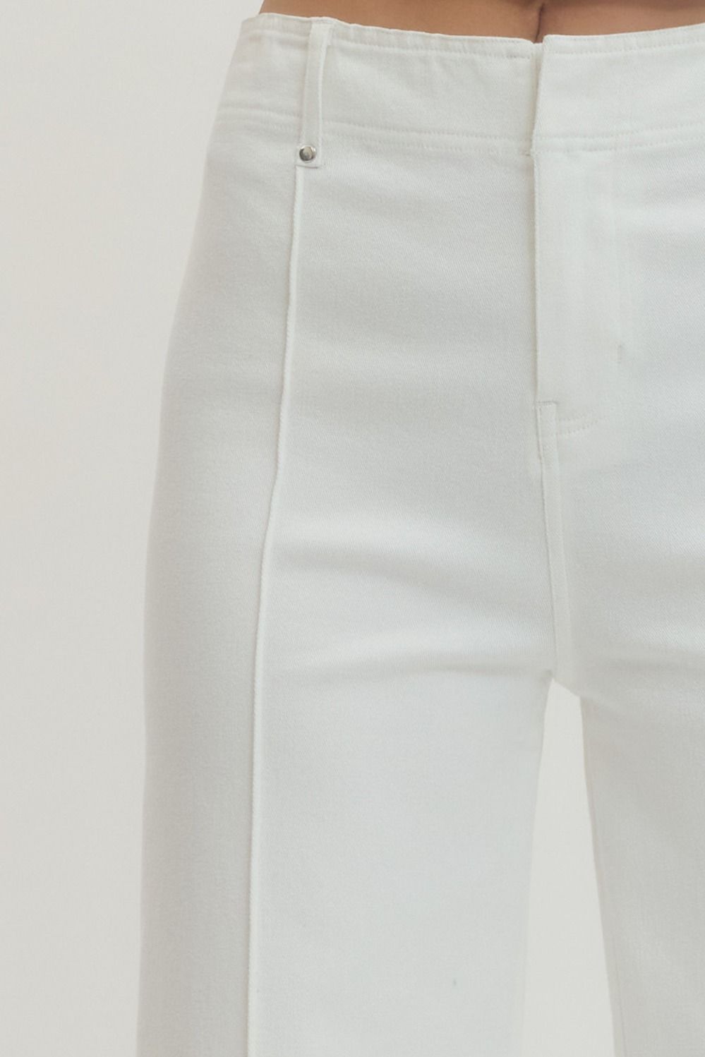 White HW Wide Leg Front Seam Pants with high-rise design. Available in sizes XS-XL.