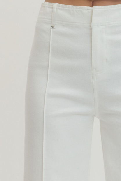 White HW Wide Leg Front Seam Pants with high-rise design. Available in sizes XS-XL.