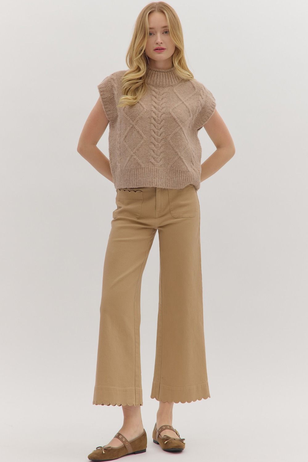 Scallop Trim HW Wide Leg Pants