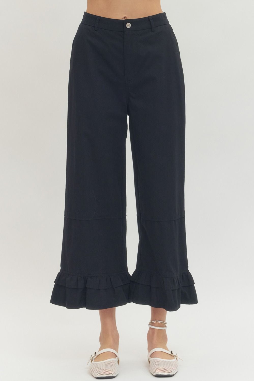 Black Straight Leg Ruffle Hem Pants, available in sizes XS-XL.
