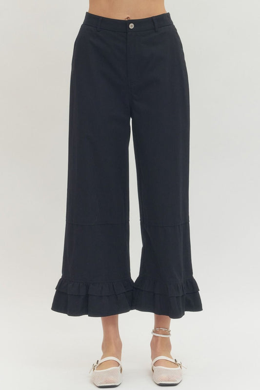 Black Straight Leg Ruffle Hem Pants