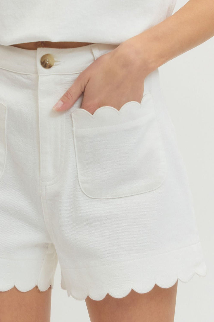 White Scallop Trim HW Shorts: high-rise cotton, scallop trim, front patch pockets, button closure. Sizes XS-XL.