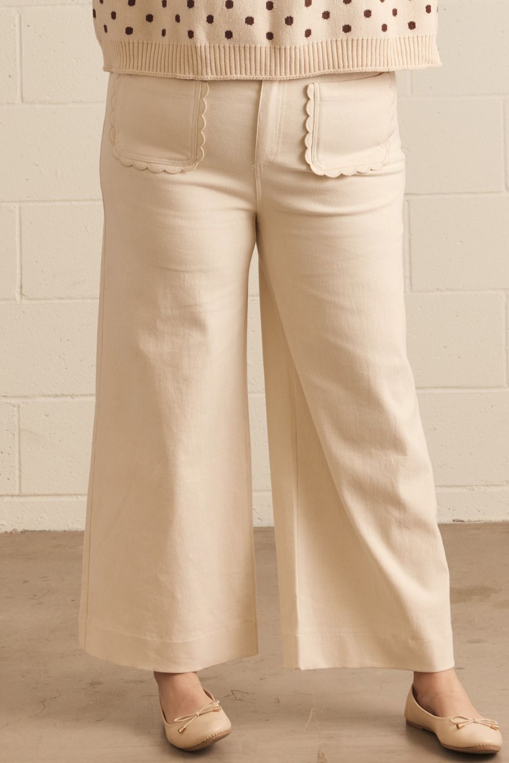 Madelyn Scallop Wide Leg Pants in cream, available in sizes XS–XL.