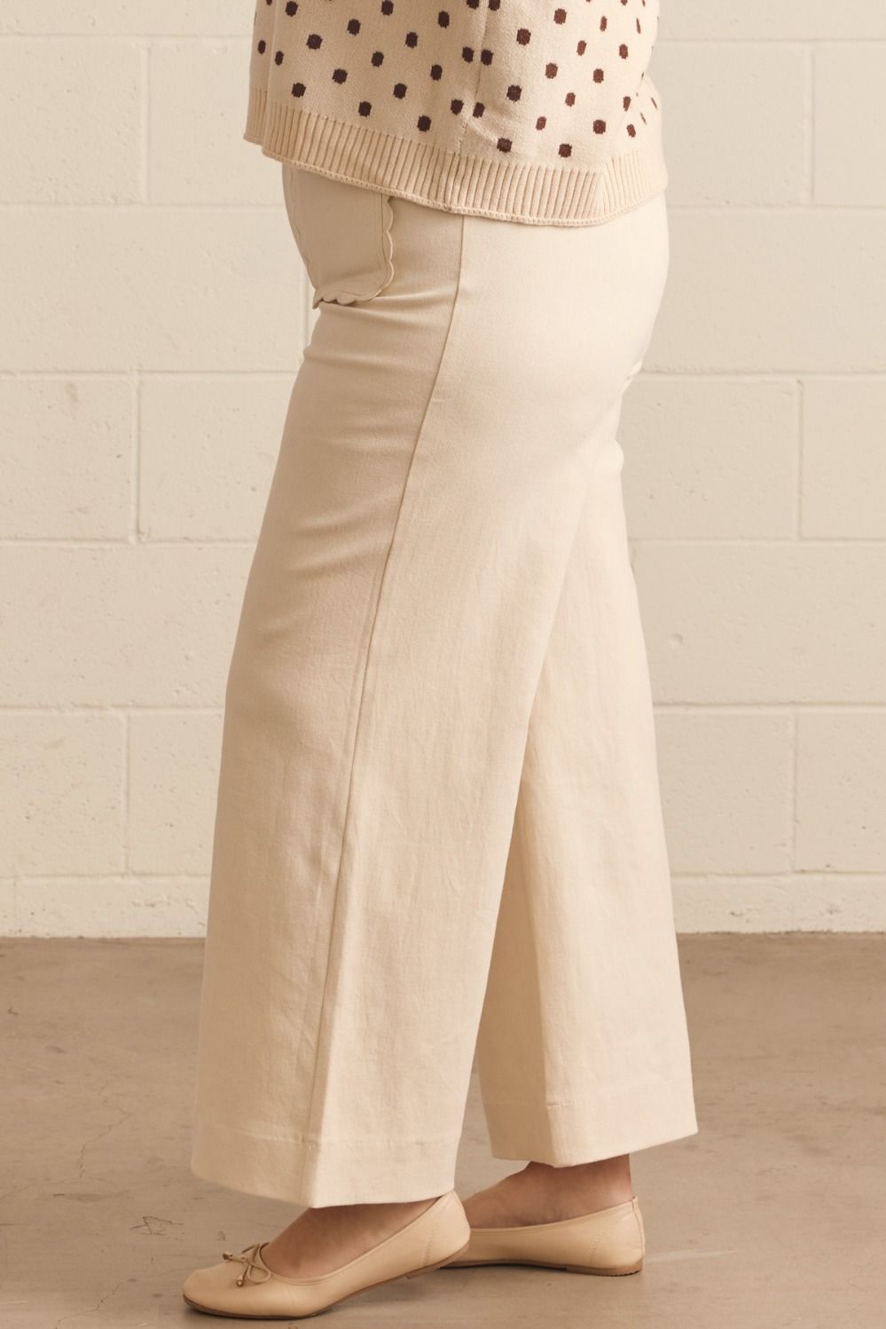 Madelyn Scallop Wide Leg Pants in cream, available in sizes XS-XL.