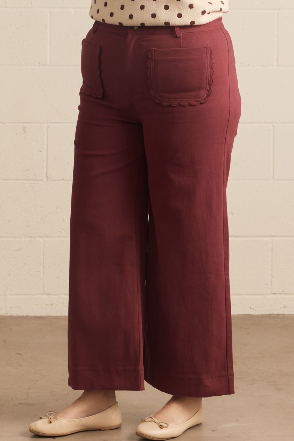 Madelyn Scallop Wide Leg Pants in maroon; available in sizes XS–XL.