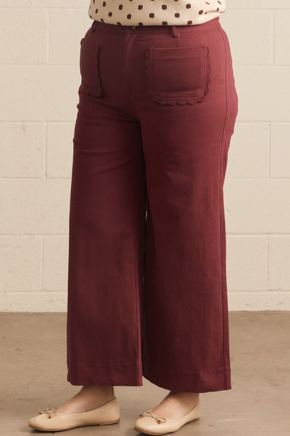 Madelyn Scallop Wide Leg Pants in maroon; available in sizes XS–XL.