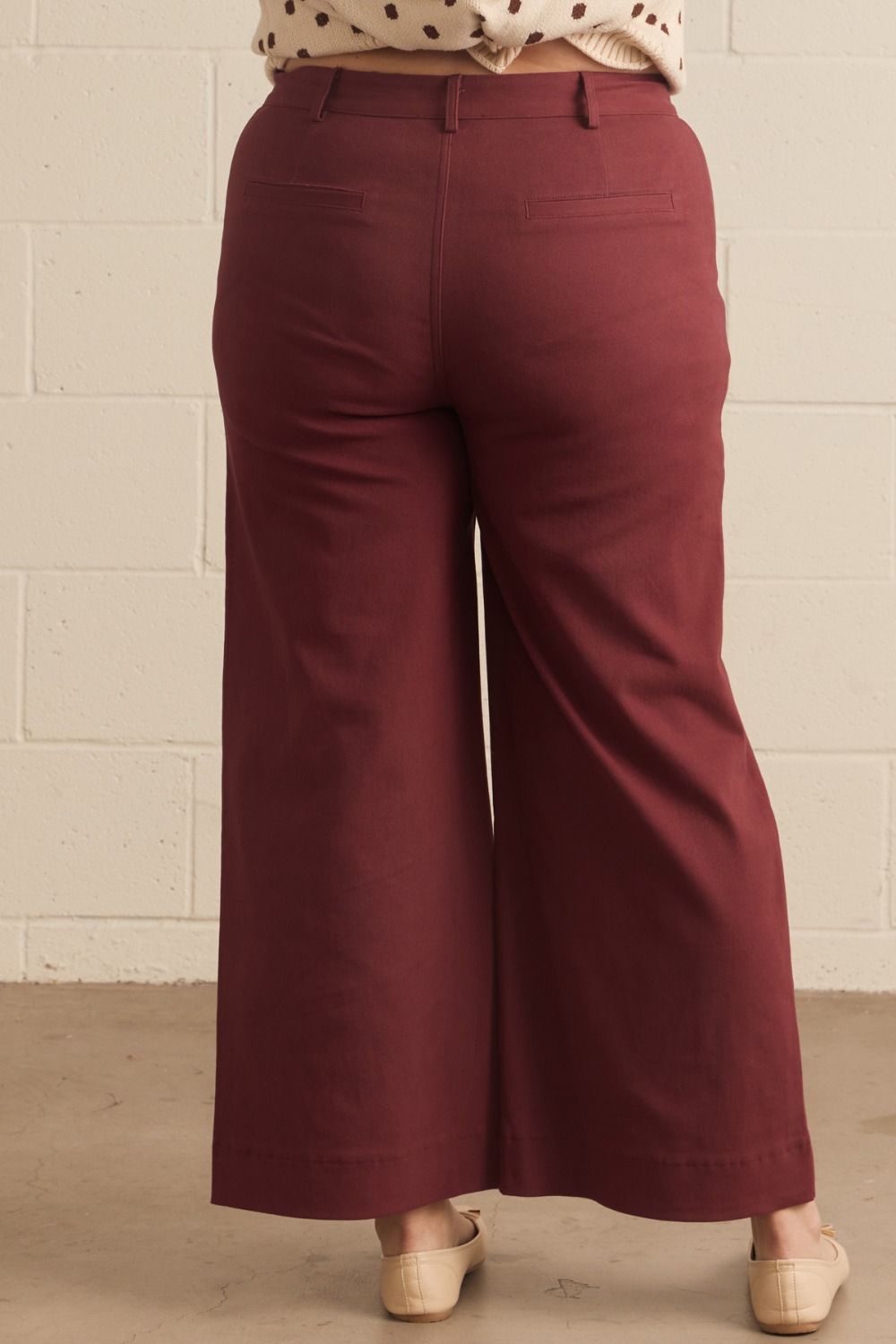 Madelyn Scallop Wide Leg Pants in maroon; available in sizes XS-XL.