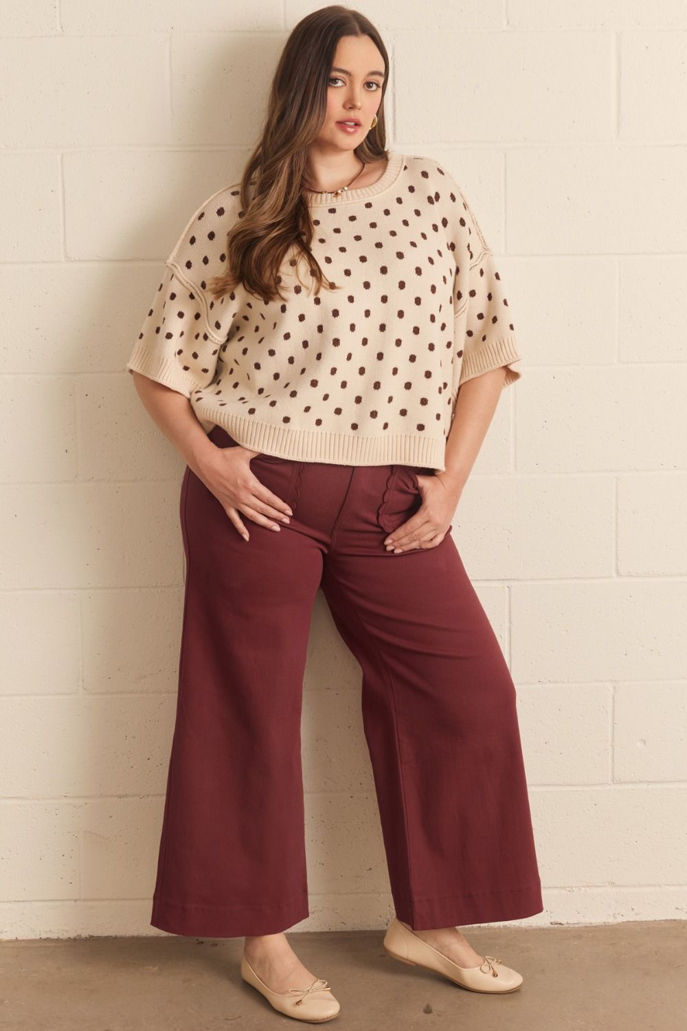 Madelyn Scallop Wide Leg Pants in maroon, tailored with a chic wide-leg silhouette. Available in sizes XS–XL.