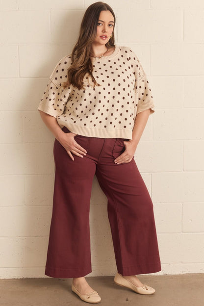 Madelyn Scallop Wide Leg Pants in maroon, tailored with a chic wide-leg silhouette. Available in sizes XS–XL.