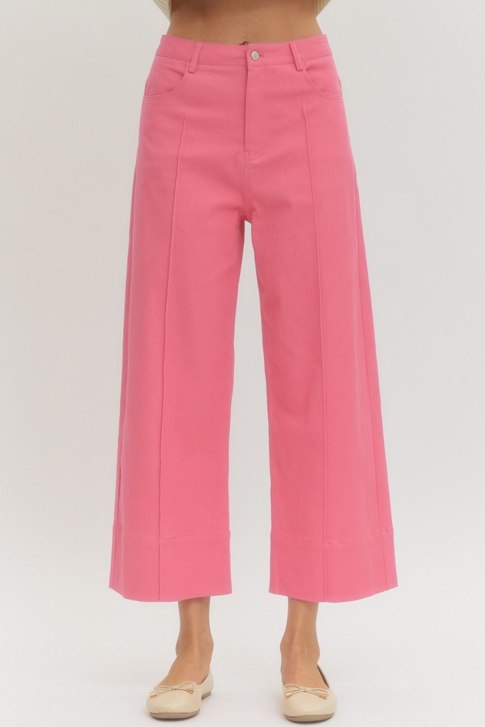 Poppy Pink MR Ankle Length Pants with front seams, cropped hems, lightweight woven fabric. Available in sizes XS-XL.