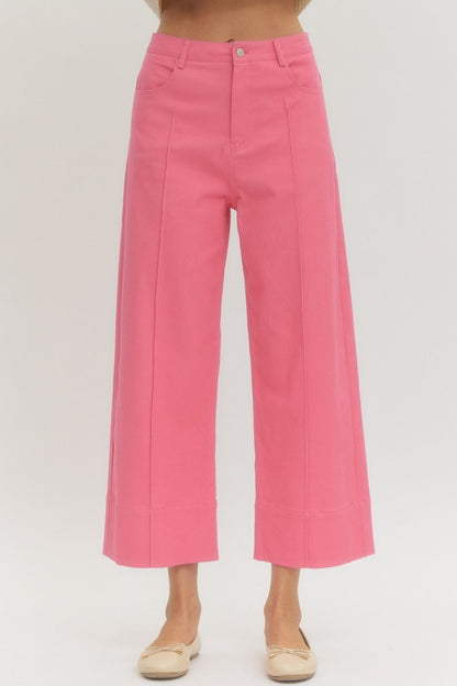 Poppy Pink MR Ankle Length Pants with front seams, cropped hems, lightweight woven fabric. Available in sizes XS-XL.