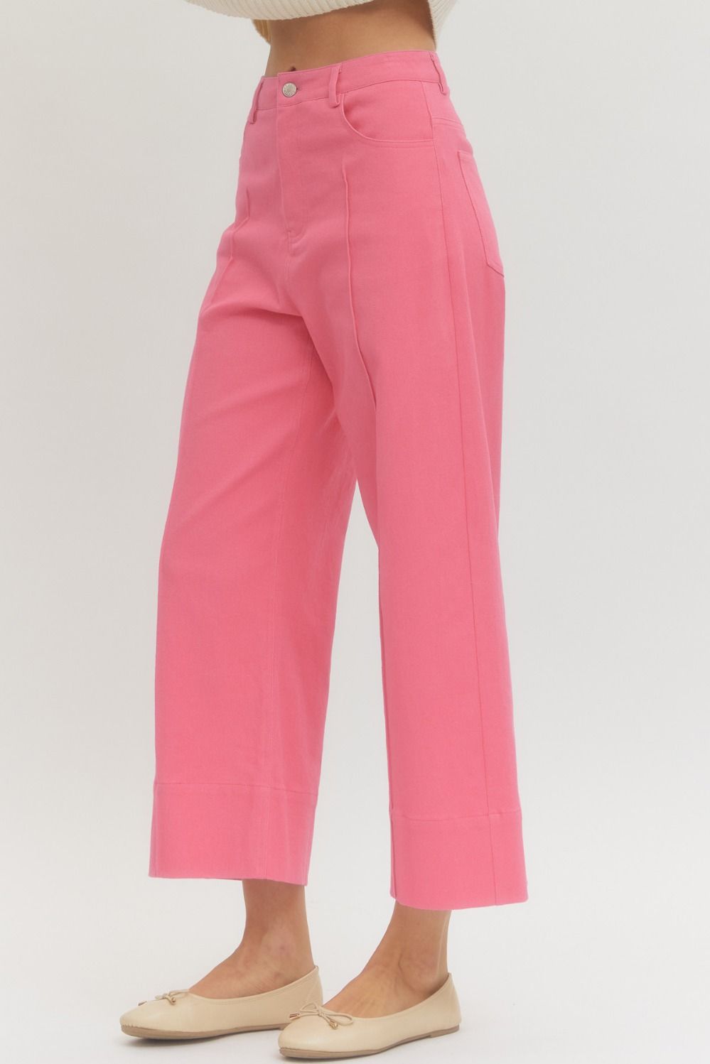 Poppy Pink MR Ankle Length Pants, high-waisted, wide-leg, lightweight woven. Sizes: XS-XL.