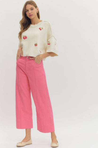 Poppy Pink MR Ankle Length Pants in lightweight woven fabric. Available in sizes XS-XL.