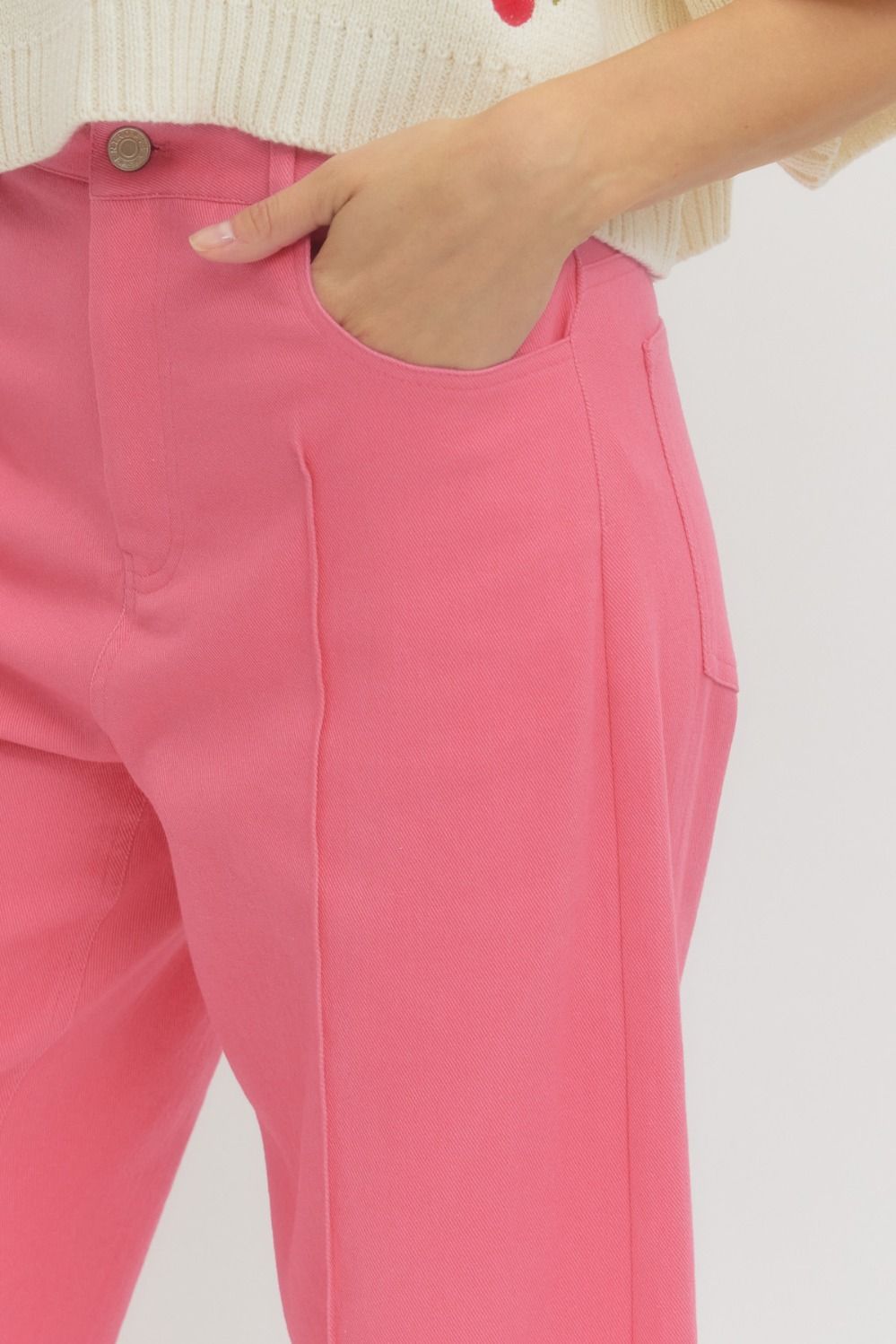 Poppy Pink MR Ankle Length Pants in lightweight woven fabric. Available in sizes XS-XL.