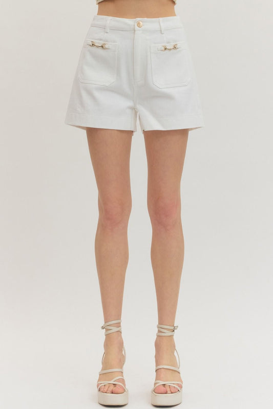 White Horse-bit Detail HW Shorts: high-waisted, white, front pockets, gold horse-bit. Sizes: XS-XL.
