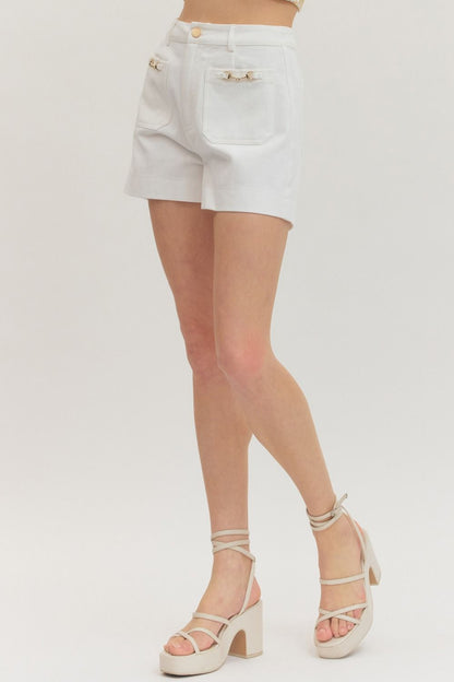 White Horse-bit Detail HW Shorts in white, available in sizes XS-XL.
