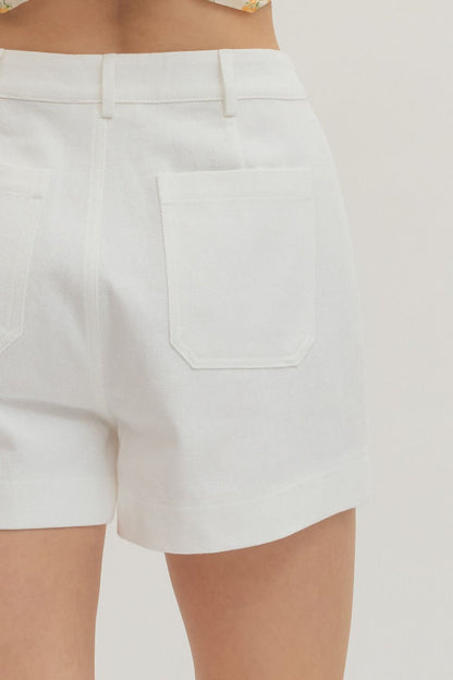 White Horse-bit Detail HW Shorts with gold horse-bit accents on back pockets; available in sizes XS-L.