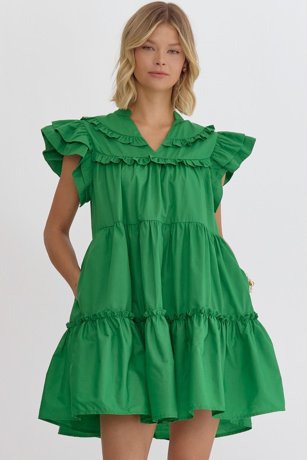 Daphne Meadow Bloom Dress in bright green with ruffle sleeves and layered tiers. Available in sizes XS-XL.