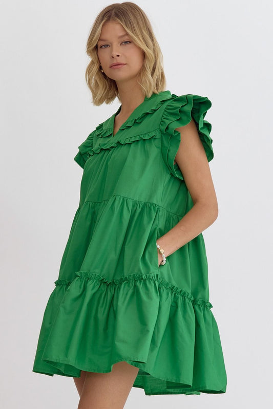 Daphne Meadow Bloom Dress: short, bright green, tiered with ruffle sleeves. Available in sizes XS–XL.