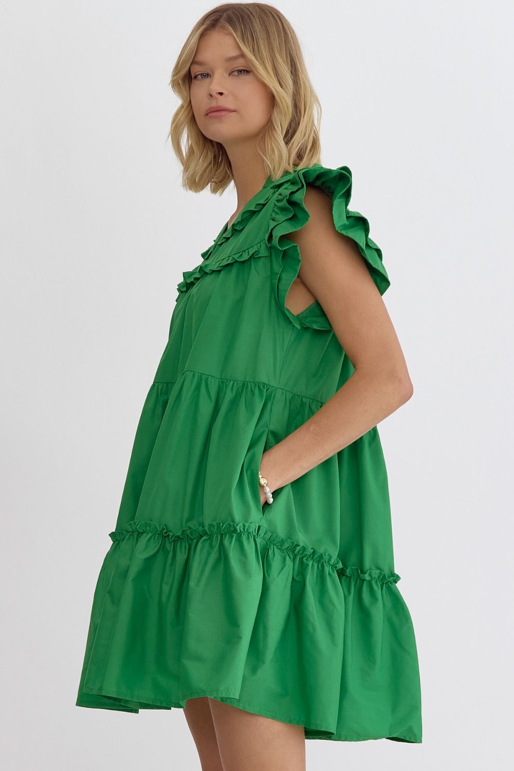Daphne Meadow Bloom Dress: sleeveless, bright green, tiered with ruffle sleeves. Available in sizes XS-XL.