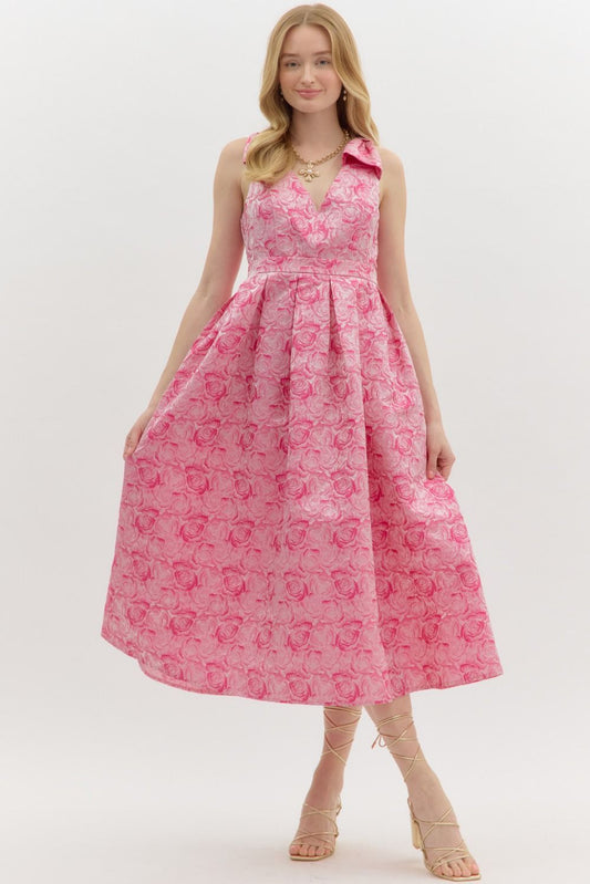 Carly Floral Print Bow Accent Midi Dress: V-neck, sleeveless, fitted bodice, flared skirt, bow detail. Sizes: XS, S, M, L, XL.