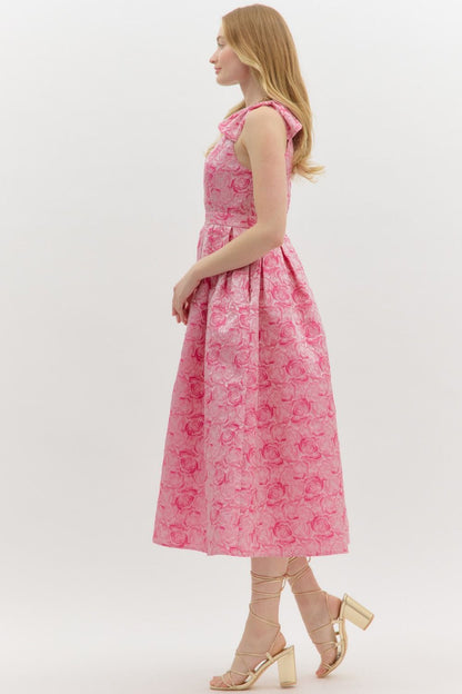Carly Floral Print Bow Accent Midi Dress: Pink floral pattern, V-neck, sleeveless, shoulder bows. Available in sizes XS–XL.