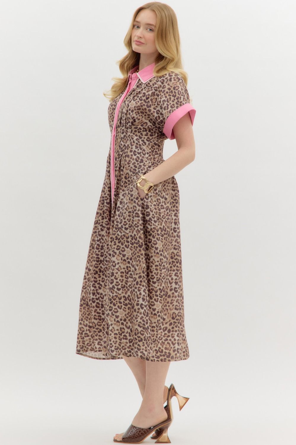 Michele Leopard Print Midi Dress with pleats, pink collar and cuffs. Available sizes: XS, S, M, L, XL.
