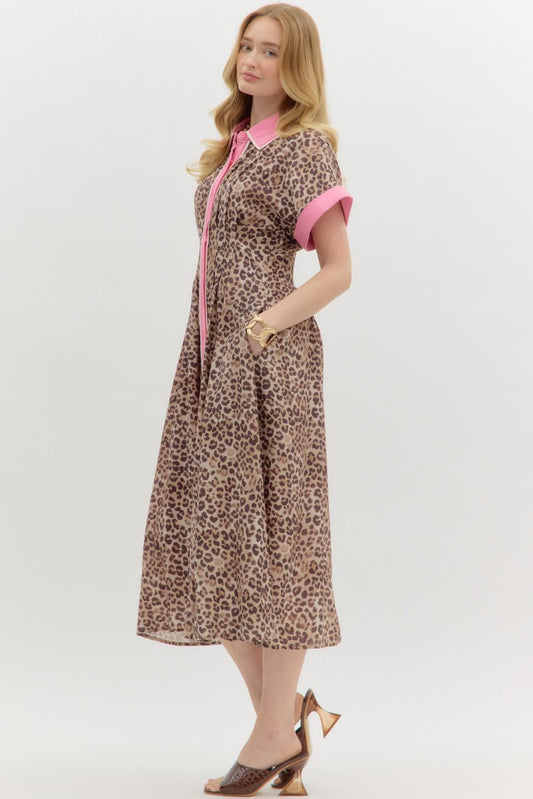 Michele Leopard Print Midi Dress with pleats, pink collar and cuffs. Available sizes: XS, S, M, L, XL.