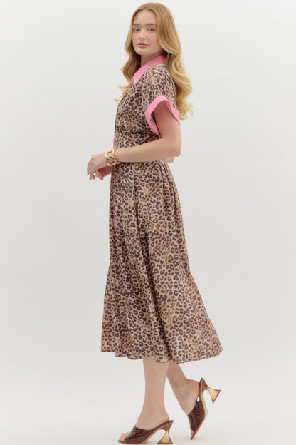 Michele Leopard Print Midi Dress with short sleeves, pink trim, and midi length. Sizes available: XS, S, M, L, XL.