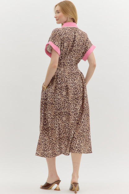 Michele Leopard Print Midi Dress features short sleeves, pink trim, and a collar. Available in sizes XS-XL.