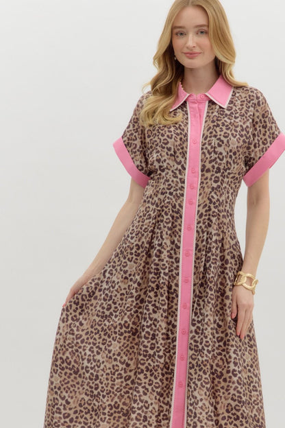 Michele Leopard Print Midi Dress: Short sleeve midi dress with leopard print and bright pink accents on collar, sleeves, and button placket. Available in sizes XS, S, M, L, XL.