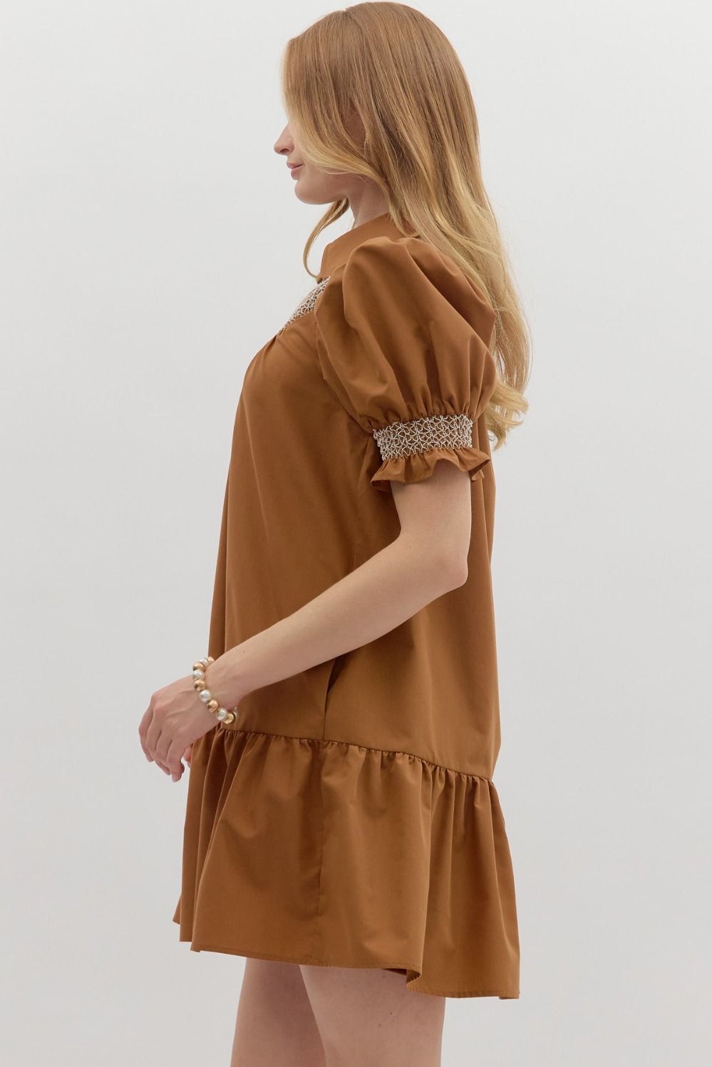 Sylvie Golden Hour Dress with puffed sleeves and ruffled hem. Available in sizes XS–XL.