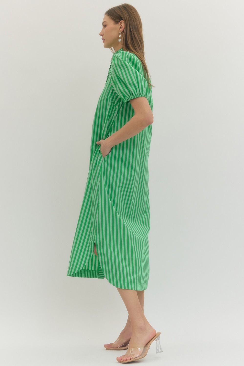 Striped Ruffle Puff Sleeve Midi Dress with green/white stripes, puff sleeves, ruffled neckline, pockets. Sizes XS-XL available.