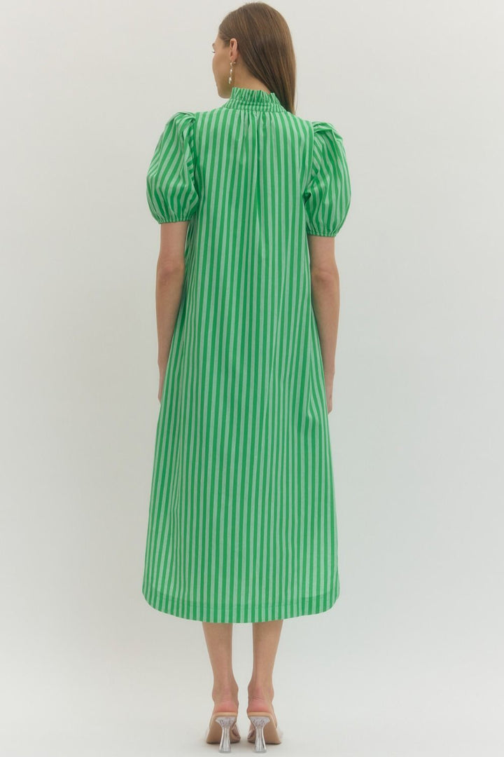 Striped Ruffle Puff Sleeve Midi Dress in green and white, features ruffle details. Available in sizes XS–XL.