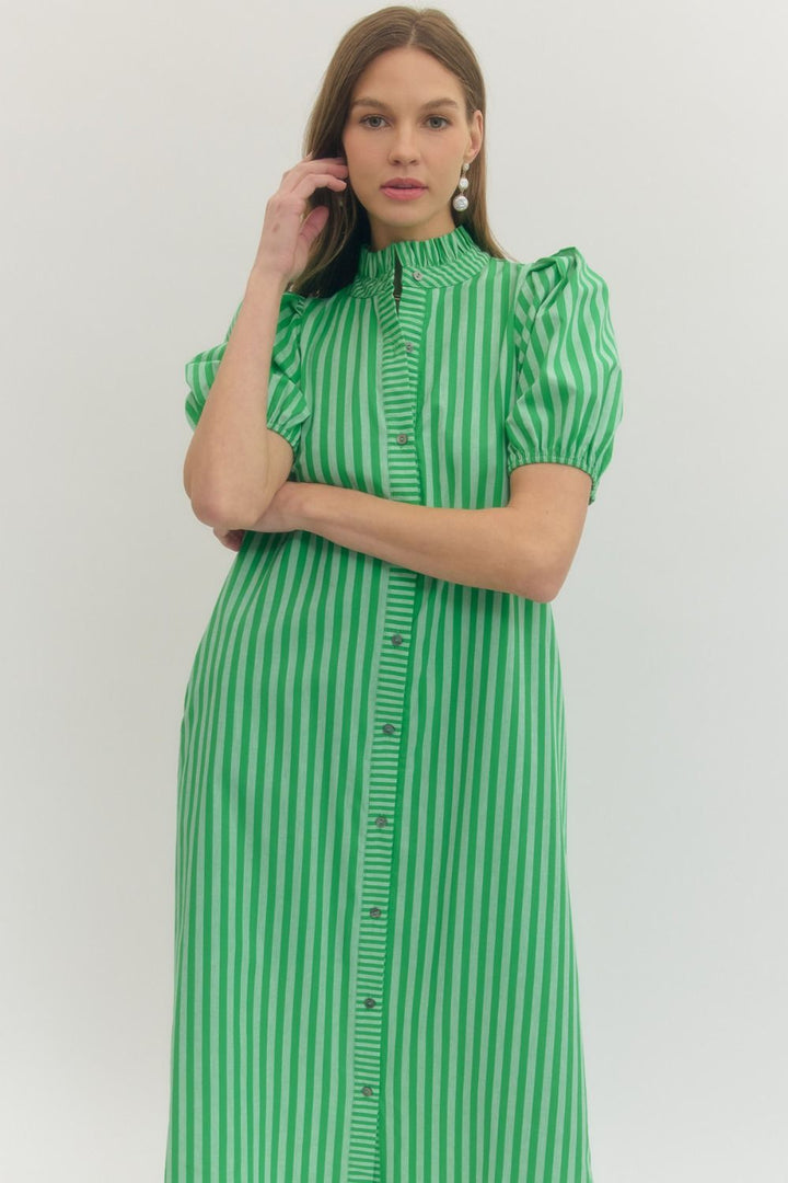 Green and white striped ruffle puff sleeve midi dress with ruffled neckline; available in XS-XL.