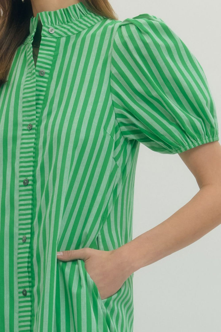 Green and white Striped Ruffle Puff Sleeve Midi Dress with puff sleeves, ruffled collar, pockets. Sizes: XS-XL.