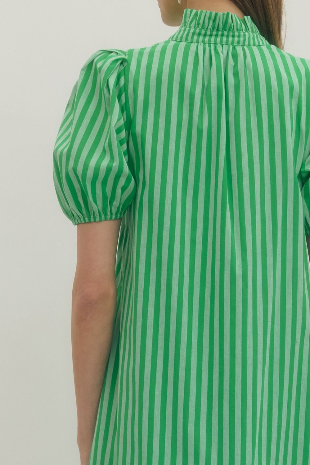 Green Striped Ruffle Puff Sleeve Midi Dress with vertical white stripes, ruffled neckline. Sizes: XS-XL.