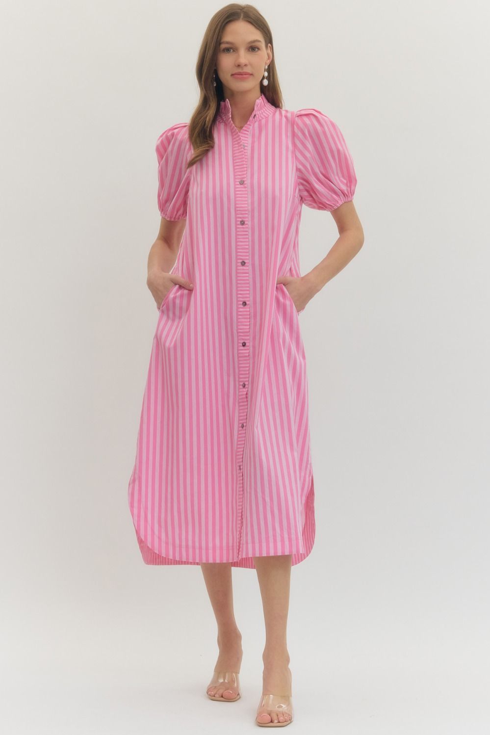 Striped Ruffle Puff Sleeve Midi Dress in pink/white with puff sleeves, ruffled neckline, buttons, side pockets. Sizes XS-XL.