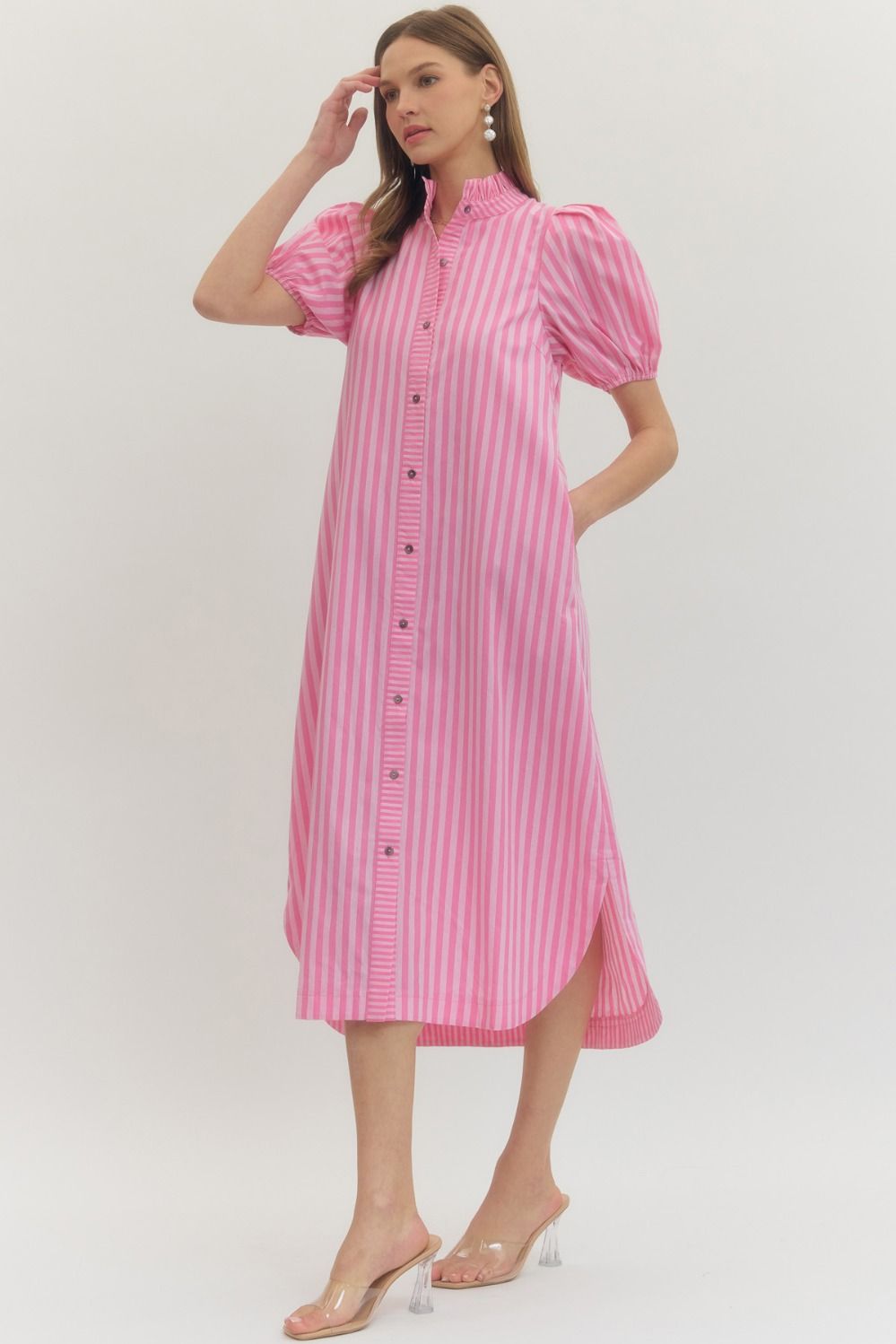 Striped Ruffle Puff Sleeve Midi Dress in pink and white, features ruffle puff sleeves. Available in sizes XS-XL.