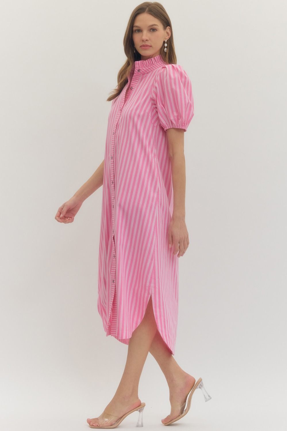 Striped Ruffle Puff Sleeve Midi Dress in pink and white with puff sleeves, high collar. Available in sizes XS-XL.