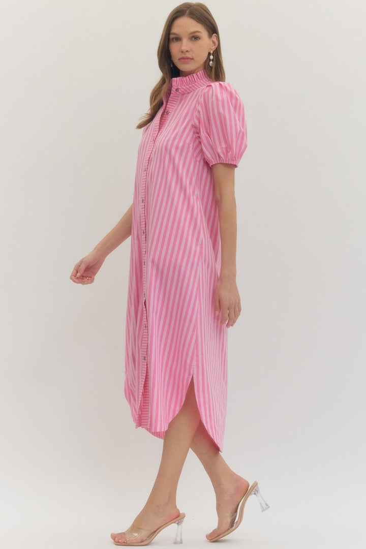 Striped Ruffle Puff Sleeve Midi Dress in pink and white with puff sleeves, high collar. Available in sizes XS-XL.