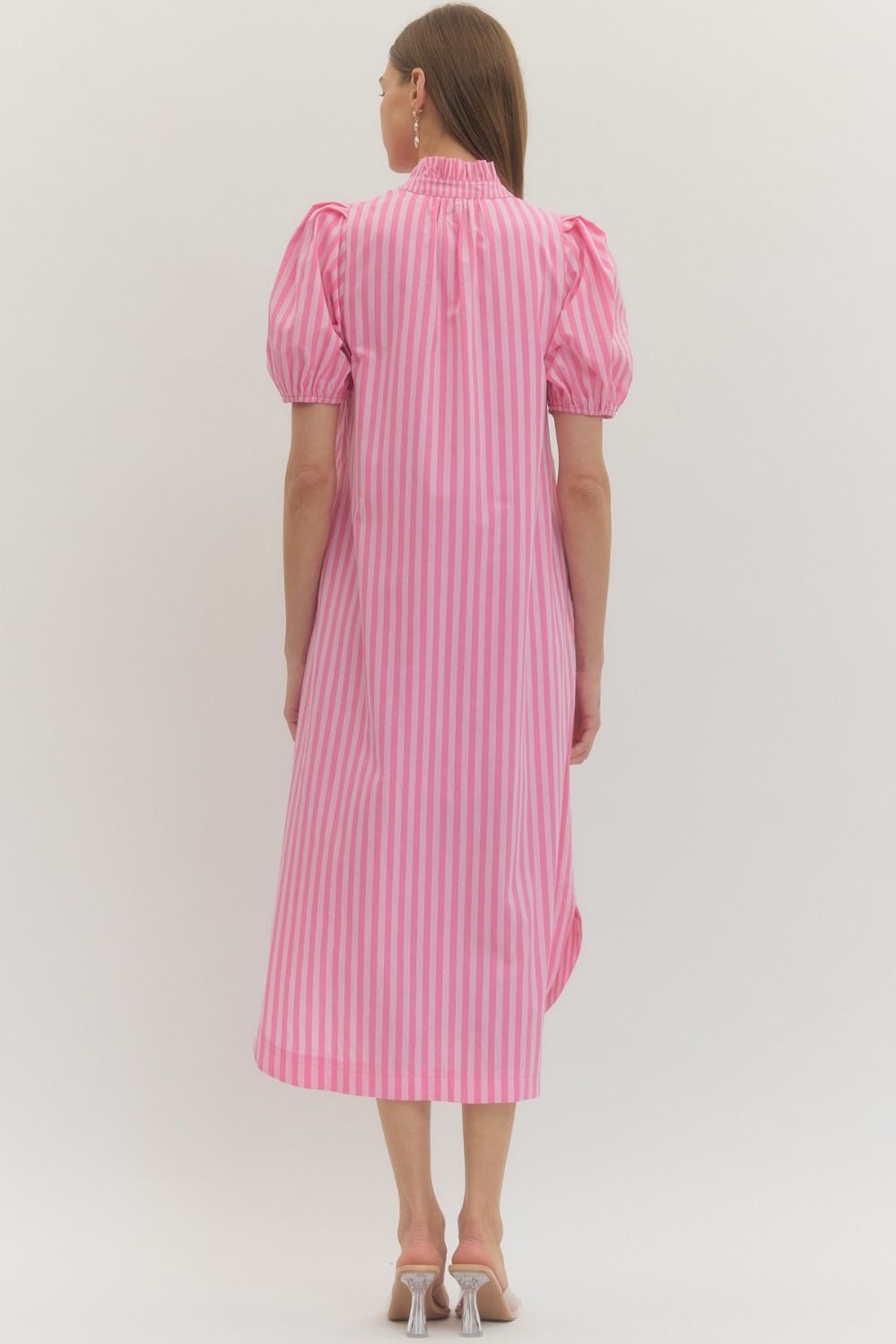 Striped Ruffle Puff Sleeve Midi Dress in pink and white with puff sleeves, high neckline. Available in sizes XS-XL.